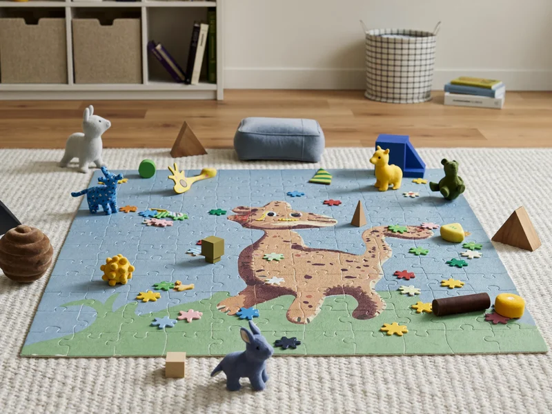 Kinderpuzzle mit grossen Tierteilen auf einem gewebten Teppich im hellen Spielzimmer