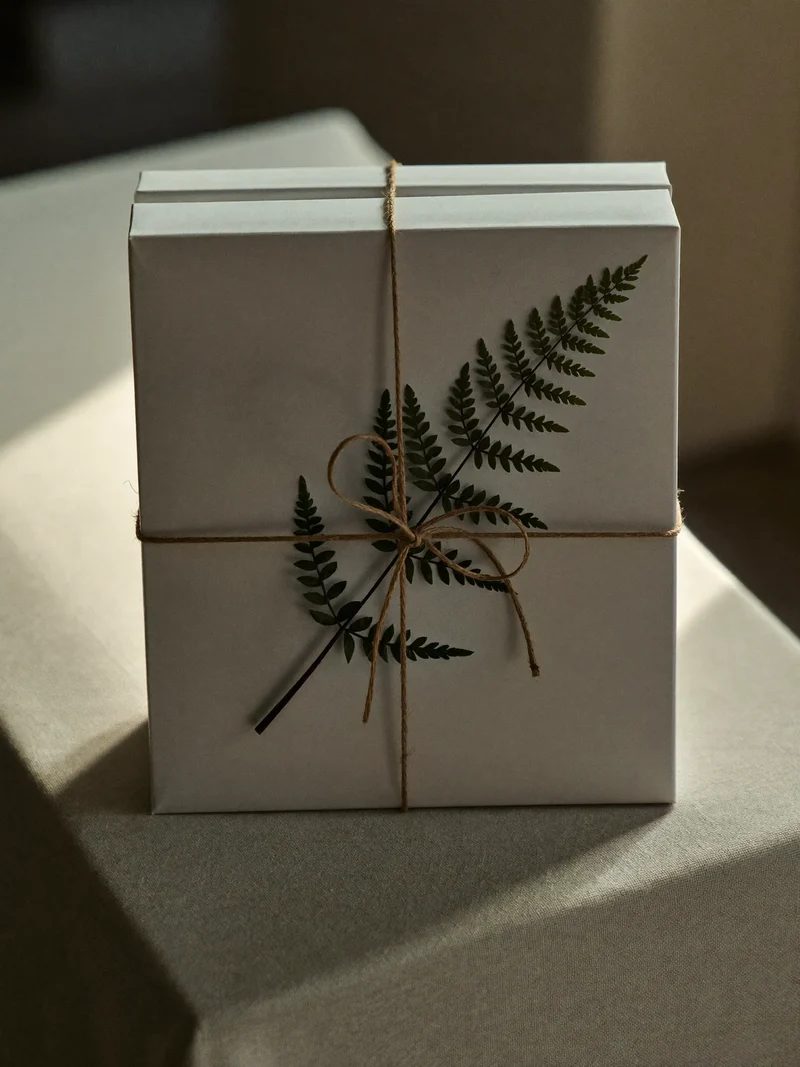 Geschenkschachtel mit neutralem Deckel, Naturband und getrocknetem Farn auf Leinen
