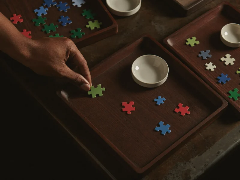 Nach Farben sortierte Puzzleteile in flachen Holzschalen, eine Hand setzt ein Teil