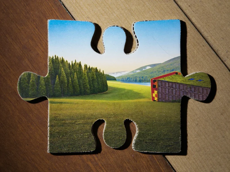 Nahaufnahme von Kartonkanten und matter Druckfläche eines Landschaftspuzzles